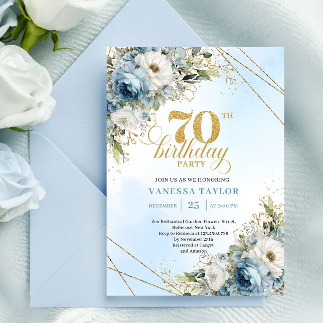 Convites Luxe dusty blue florals gold frame 70th birthday  (Luxe dusty blue florals gold frame 70th birthday invite

)