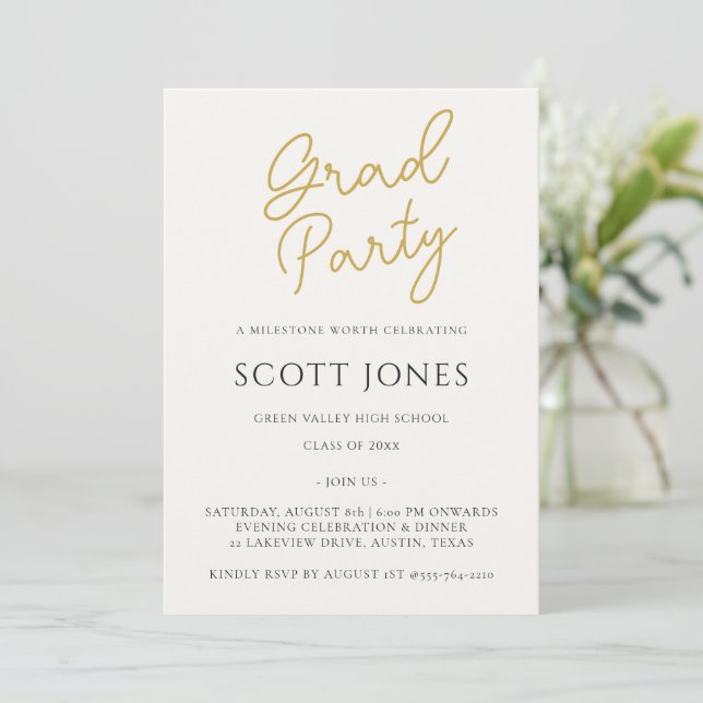 Convites Luxe Gold Script Grad Party Invite (Em pé/Frente)