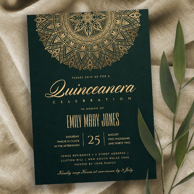 CONVITES LUXE GREEN DOURADO CLÁSSICO MANDALA QUINCEANERA (Criador carregado)