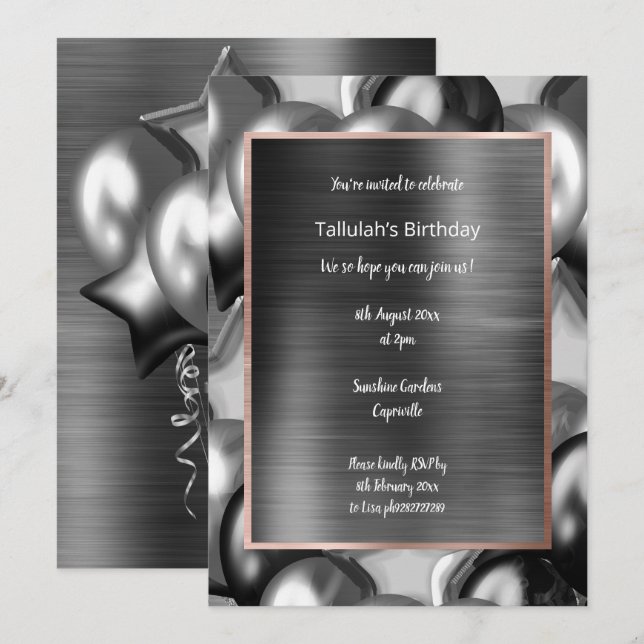 CONVITES LUXE MOODY BLACK METALLIC BALLOON INVITATION (Frente/Verso)