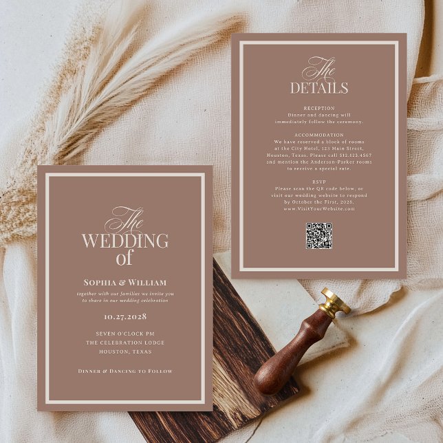 Convites Luxe Neutro Bege Marrom | RSVP Código QR Casamento (Criador carregado)