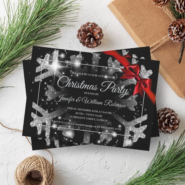 Convites Luxe Silver Glitter Natal Feriado Fita Vermelha Fi (Luxe Silver Glitter Xmas Holiday Red Ribbon Black Invitation)
