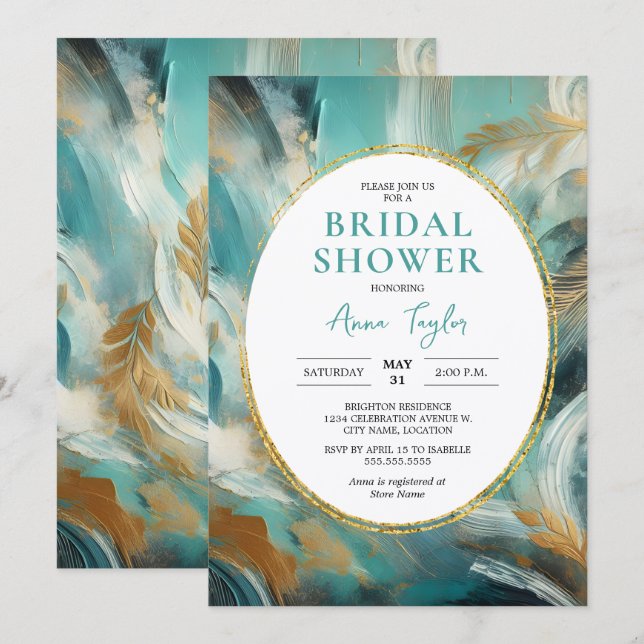 Convites Luxe Turquoise Gold Brushstroke Bridal Shower (Frente/Verso)