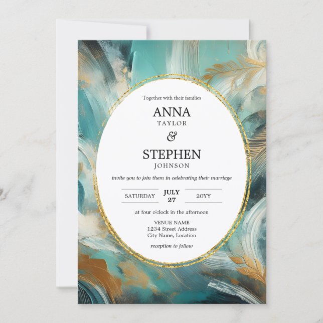 Convites Luxe Turquoise Gold Brushstroke Wedding (Frente)