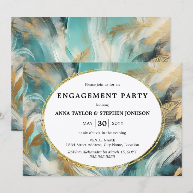 Convites Luxe Turquoise Gold Brushstrokes Engagement Party (Frente/Verso)