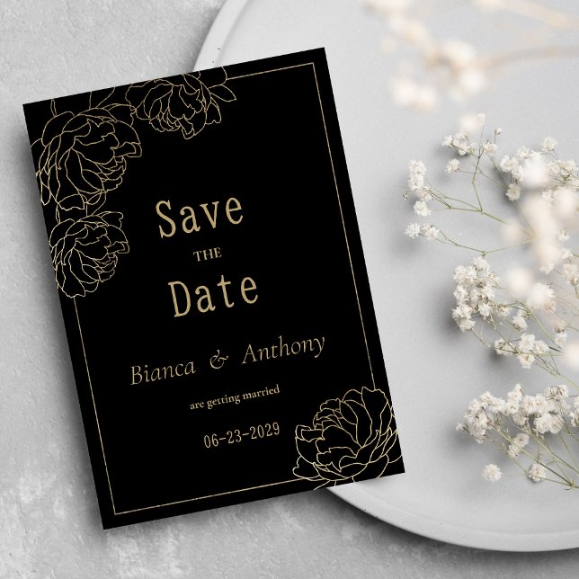 Convites Lúxia de peônia de ouro negro Salve a data (Black gold typography peony luxury Save the Date)