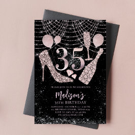 Convites Luxo 35º Aniversário Rosa Dourado e negro