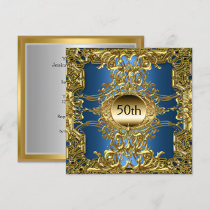 Convites Luxo 50º Aniversário Dourado Azul Festa Dourado Az