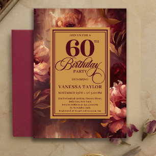 Convites Luxo 60 Aniversário Burgundy Blush Dourado Aquarel