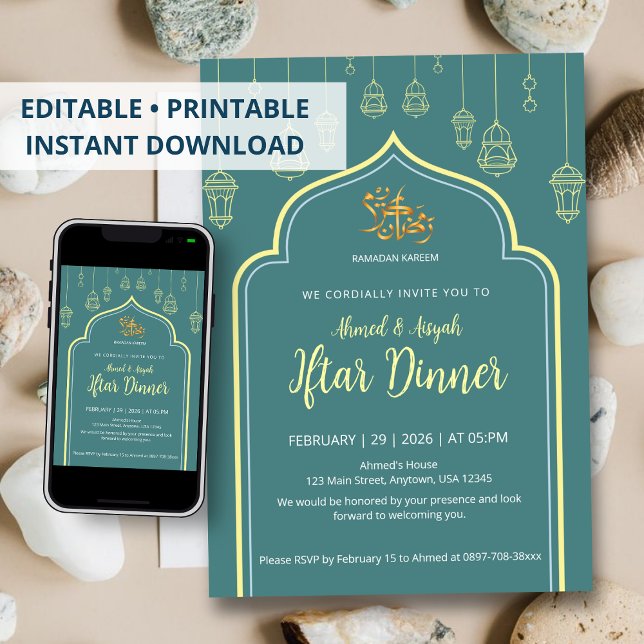 Convites Luxo Arco de Ramadão Iftar Azul Escuro e Dourado (Criador carregado)