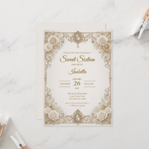 Convites Luxo Arco de Renda Dourado Marfim Sweet 16