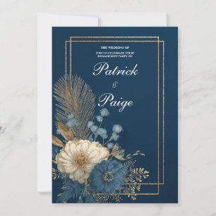 Convites Luxo Azul Marinho Dourado Palma Floral Casamento