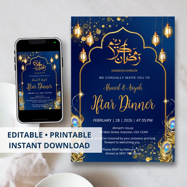 Convites Luxo Azul Marinho e Dourado Peacock Ramadan Iftar (Criador carregado)