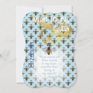 Convites Luxo Azul Pastel Abelha Grid Rainha Dourado