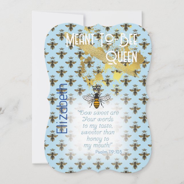 Convites Luxo Azul Pastel Abelha Grid Rainha Dourado (Frente)