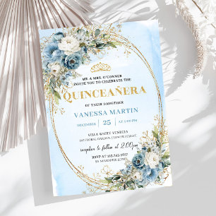 Convites Luxo Azul Pastel Dourado Eucalipto Quinceañera