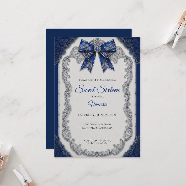 Convites Luxo Azul Real Prata Sweet 16 (Frente/Verso In Situ)