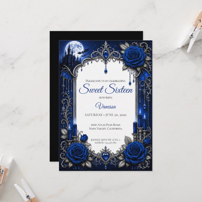 Convites Luxo Azul Real Prata Sweet 16 (Frente/Verso In Situ)