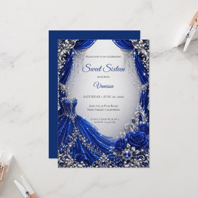 Convites Luxo Azul Real Prata Sweet 16 (Frente/Verso In Situ)