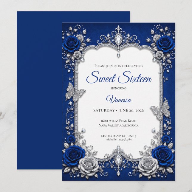 Convites Luxo Azul Real Prata Sweet 16 (Frente/Verso)