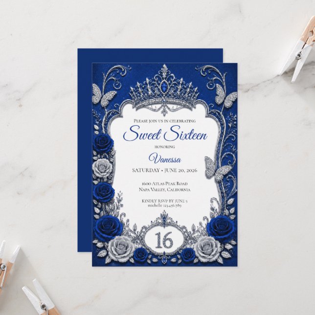 Convites Luxo Azul Real Prata Sweet 16 (Frente/Verso In Situ)