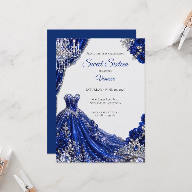 Convites Luxo Azul Real Prata Sweet 16 (Frente/Verso In Situ)