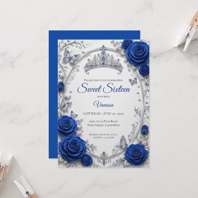 Convites Luxo Azul Real Prata Sweet 16 (Frente/Verso In Situ)