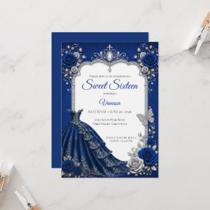 Convites Luxo Azul Real Prata Sweet 16