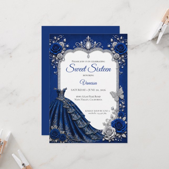 Convites Luxo Azul Real Prata Sweet 16 (Frente/Verso In Situ)