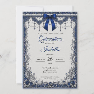 Convites Luxo Azul Real Quinceañera Prata