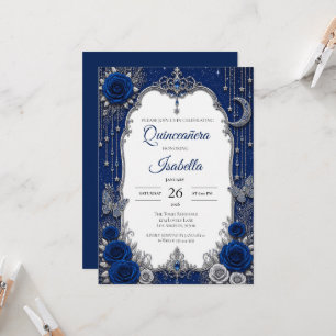 Convites Luxo Azul Real Quinceañera Prata