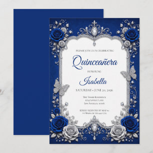 Convites Luxo Azul Real Quinceañera Prata