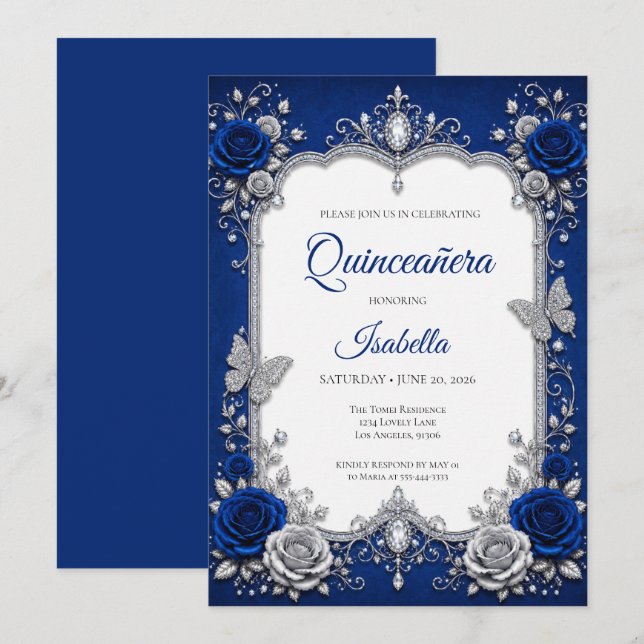 Convites Luxo Azul Real Quinceañera Prata (Frente/Verso)