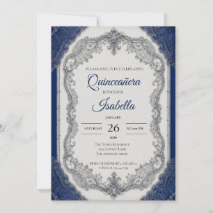 Convites Luxo Azul Real Quinceañera Prata