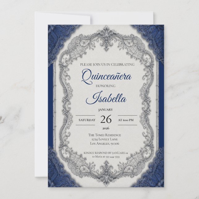 Convites Luxo Azul Real Quinceañera Prata (Frente)