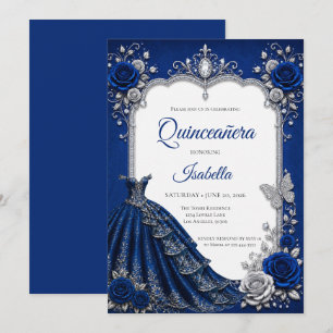 Convites Luxo Azul Royal Prata Quinceañera