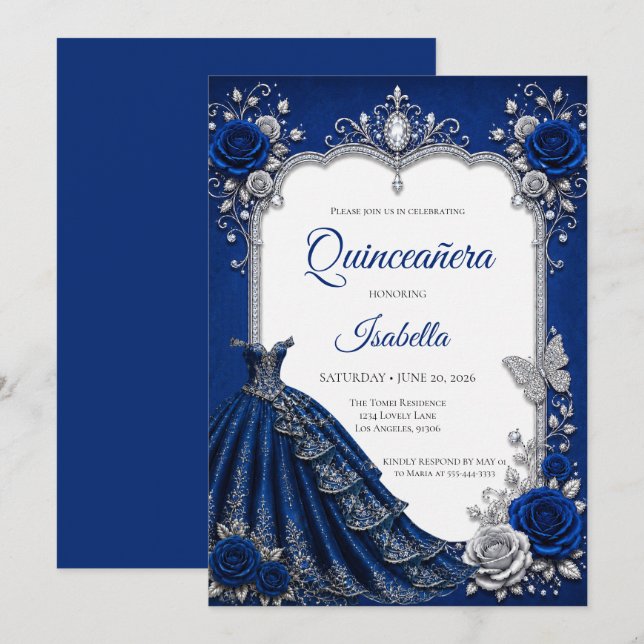 Convites Luxo Azul Royal Prata Quinceañera (Frente/Verso)