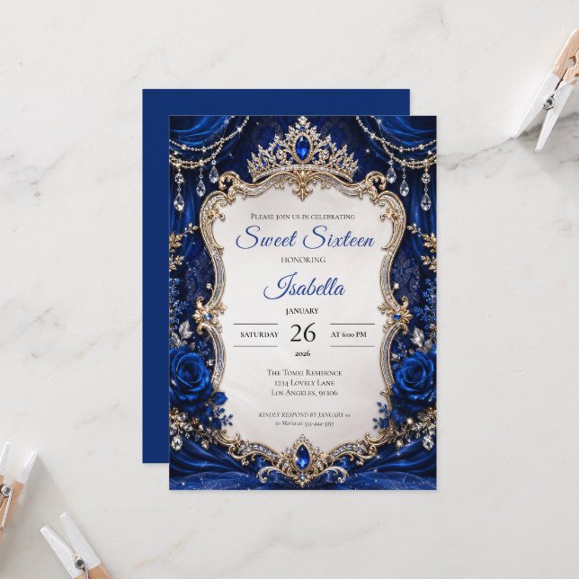 Convites Luxo Azul Royal Prata Sweet 16 (Frente/Verso In Situ)