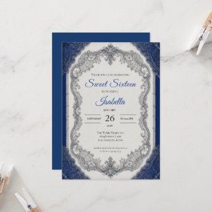 Convites Luxo Azul Royal Prata Sweet 16