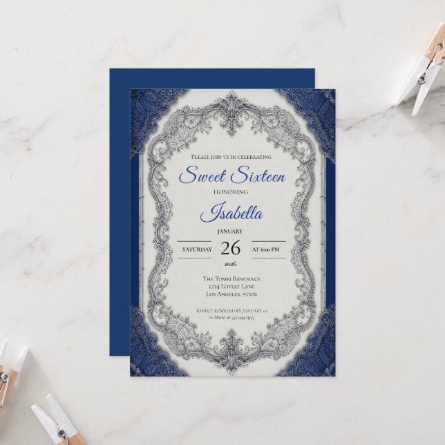 Convites Luxo Azul Royal Prata Sweet 16 (Frente/Verso In Situ)