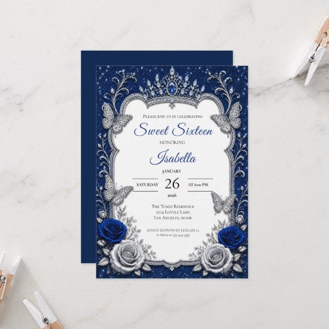 Convites Luxo Azul Royal Prata Sweet 16 (Frente/Verso In Situ)