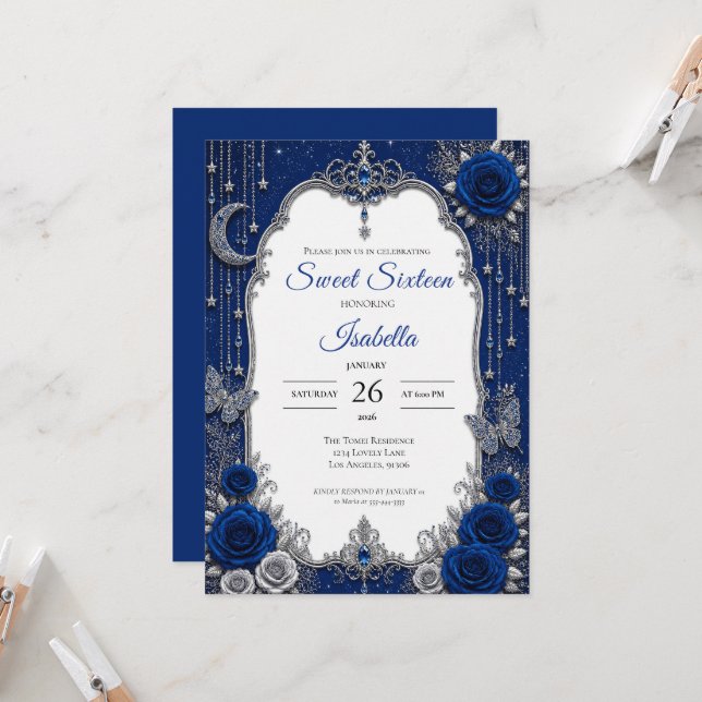 Convites Luxo Azul Royal Prata Sweet 16 (Frente/Verso In Situ)