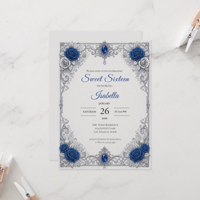 Convites Luxo Azul Royal Prata Sweet 16 (Frente/Verso In Situ)