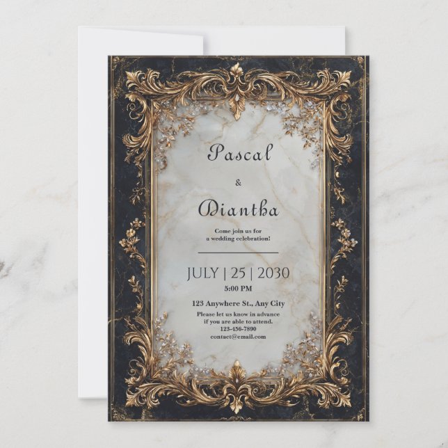 Convites Luxo Barra de Ouro Mármore Branco Casamento (Frente)