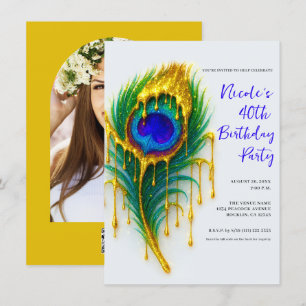 Convites Luxo Beleza Gota de Ouro Pena de Pavão Aniversário