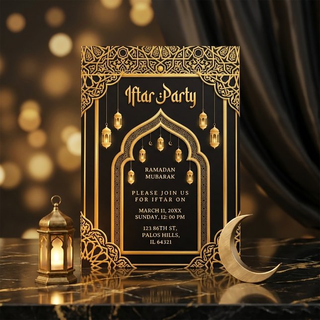 Convites Luxo Black Gold Ramadan Iftar  (#RamadanInvitation
#IftarParty
#RamadanIftar
#LuxuryInvitation
#IslamicDesign
#RamadanMubarak
#Gold)