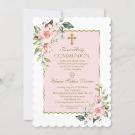 Convites Luxo Blush Rosa Floral Dourado Primeira Comunhão S