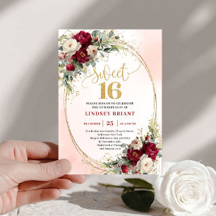 Convites Luxo Boho Vermelho Escuro Dourado Floral Sweet Six