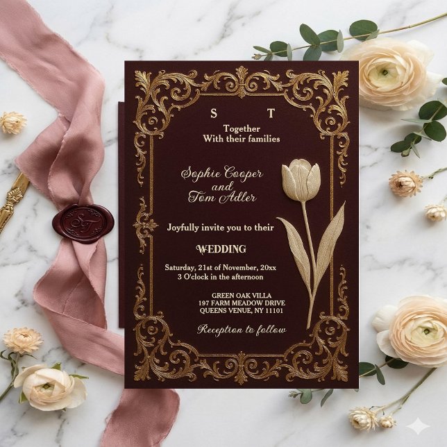 Convites Luxo Borgonha Barra Dourada Barroco Tulipa Marfim  (Luxury Burgundy Gold Baroque Tulip Ivory Wedding Invitation)