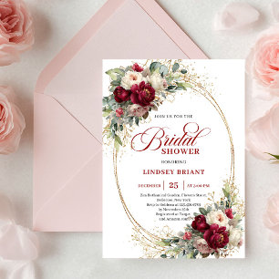 Convites Luxo Burgundy e Floral Branco para Chá de Noiva 